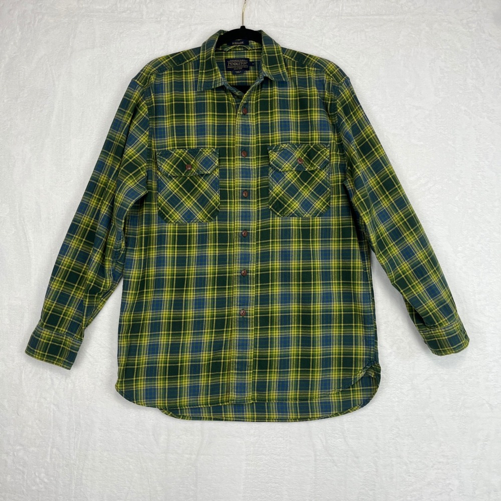 Pendleton Burnside Button Up‎ Mens Medium Green Blue Plaid Flannel Long Sleeve